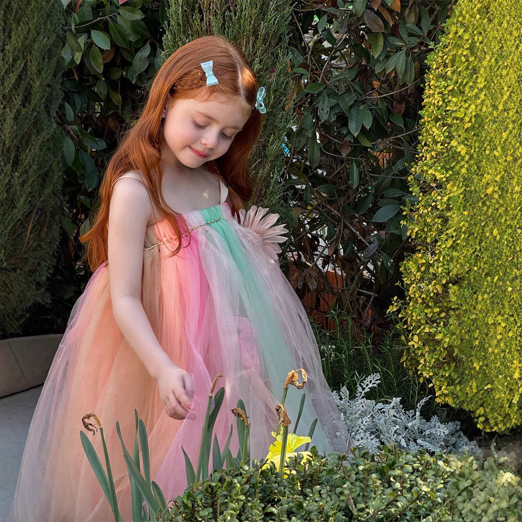 สีส้ม Happy Girls Gauze Princess Dress 2025 Summer TUTU กระโปรง Pettiskirt Rainbow Beach Skirt