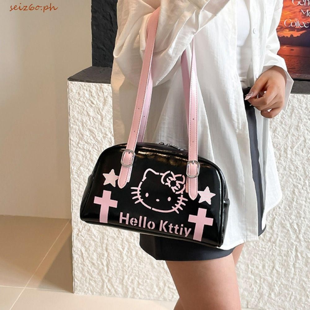 SEIZ6O Kitty Cat Bowling Bag, Y2k PU Leather Boston Bag, All-match Solid Color Cartoon Korean Style 