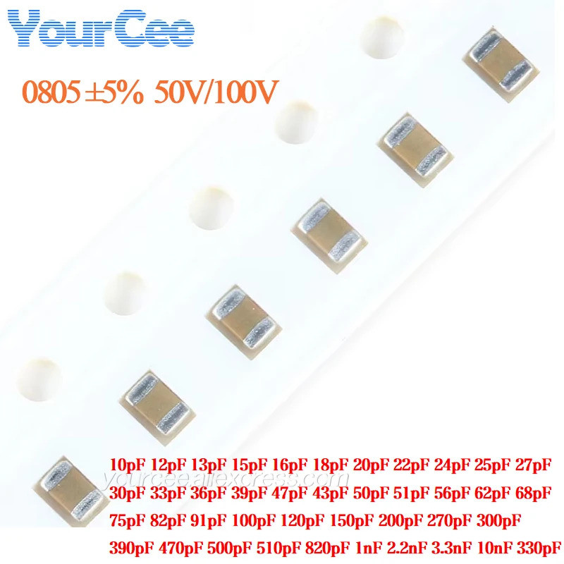 100 ชิ้น/ล็อต 0805 ตัวเก็บประจุ SMD ±5% 50V 100V C0G 15pF 20pF 22pF 30pF 47pF 68pF 100pF 220pF 330pF