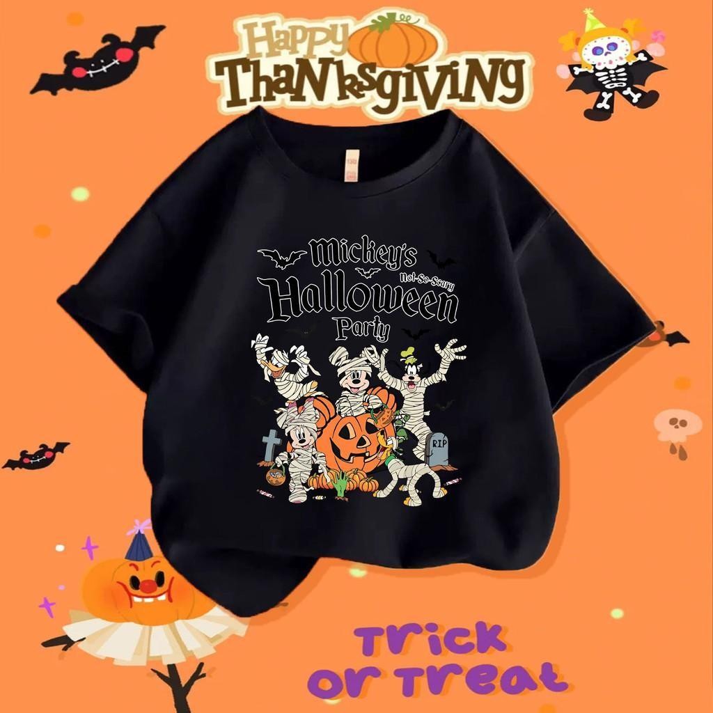 Happy Halloween Party ชุดเด็กเสื้อยืด Crewneck ผ้าฝ้ายแขนสั้นการ์ตูนพิมพ์สวมใส่ทุกวัน o93O