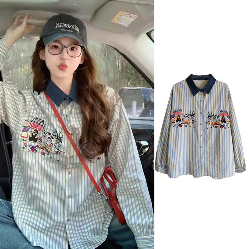 Cuties 💖W657  เสื้อเชิ้ตแขนยาวผู้หญิงแฟชั่น  อเนกประสงค์ ปักลายการ์ตูน ลายทาง สําหรับผู้หญิง