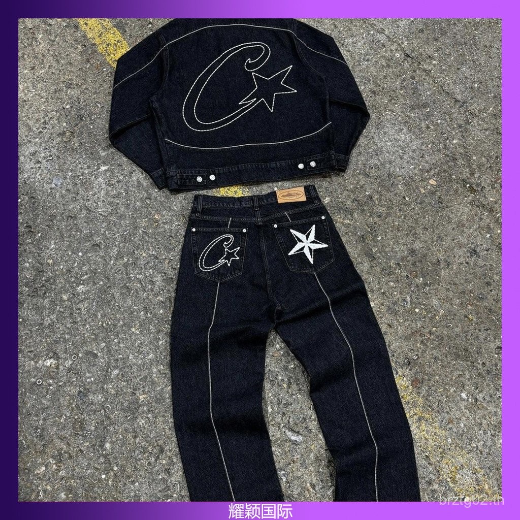 ชุดสูทยีนส์ High Street Western Denim Jacket Jacket Loose Jeans Street Wear---คุณภาพสูง