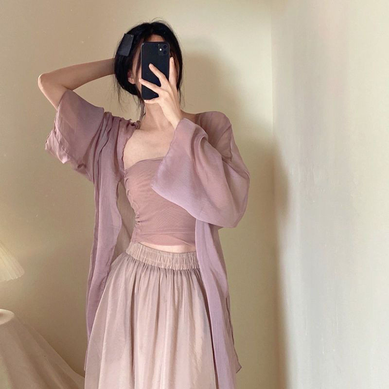 เสื้อแจ็คเก็ตกันแดดตัวยาวผ้าชีฟองหรูหรา