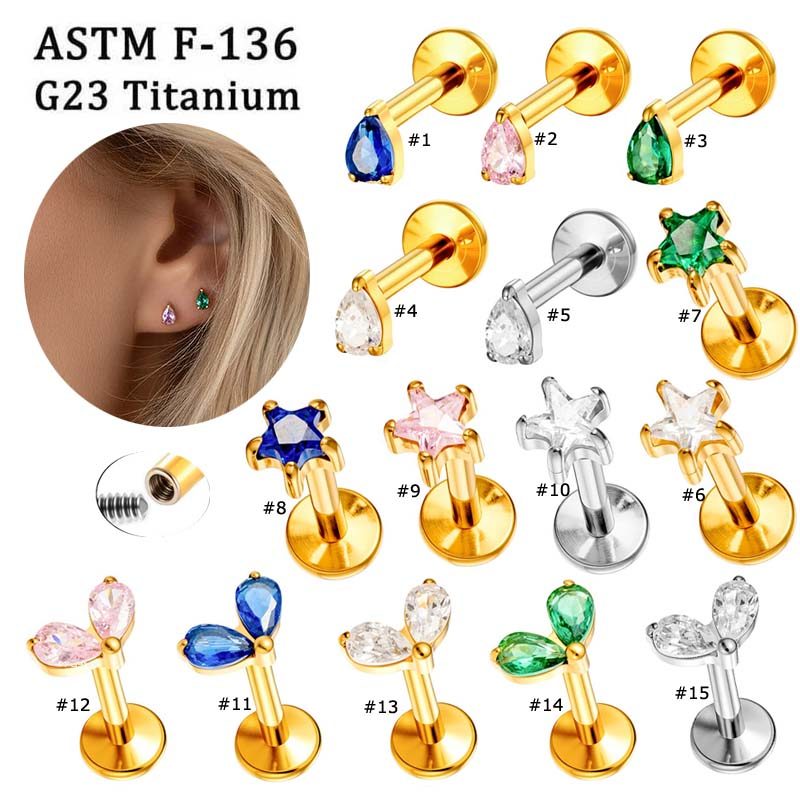 1 ชิ้น/เดี่ยว Hypoallergenic G23 Titanium Zirconia ด้ายภายในเก๋ Waterdrop star รูปร่าง laret Lip Stud 16Gauge เจาะเครื่องประดับ