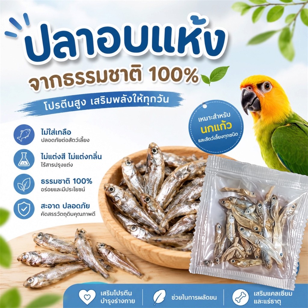 parrot.thailand ปลาอบแห้ง 100% ขนมนกแก้ว และสัตว์เลี้ยง เสริมโปรตีนและแคลเซียม (ขนาด 3g) ไม่ใส่เกลือ