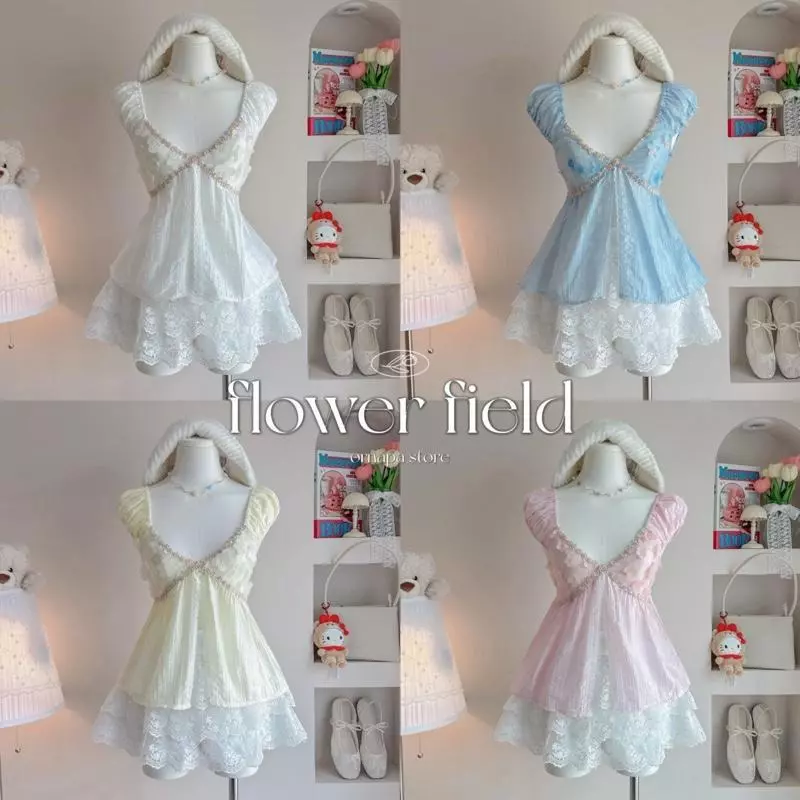 Flower field เสื้อปขนตุ๊กตาในตัว แต่งดอกไม้ กางเกงลูกไม้ (มีขายแยก)