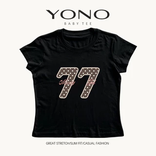 (พร้อมส่ง24ชม.) baby tee สีเบจ ลายเลข 77 ลายจุด ฟีลอเมริกันคอลเลจวินเทจ ทรงเข้ารูป ใส่ชิค