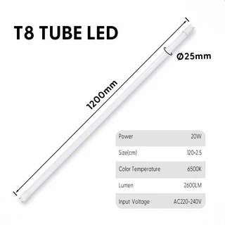 หลอดไฟนีออน LED T8 1.2 เมตร 20W แสงสีขาว สว่างชัด ประหยัดพลังงาน ห้องนอน สำนักงาน ออฟฟิต（1หลอด）
