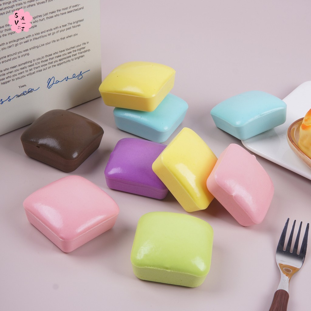 ของเล่นขนมปัง Squishy ฟื้นตัวช้า PU Macaron-Colored Square Stress-Relief Toy