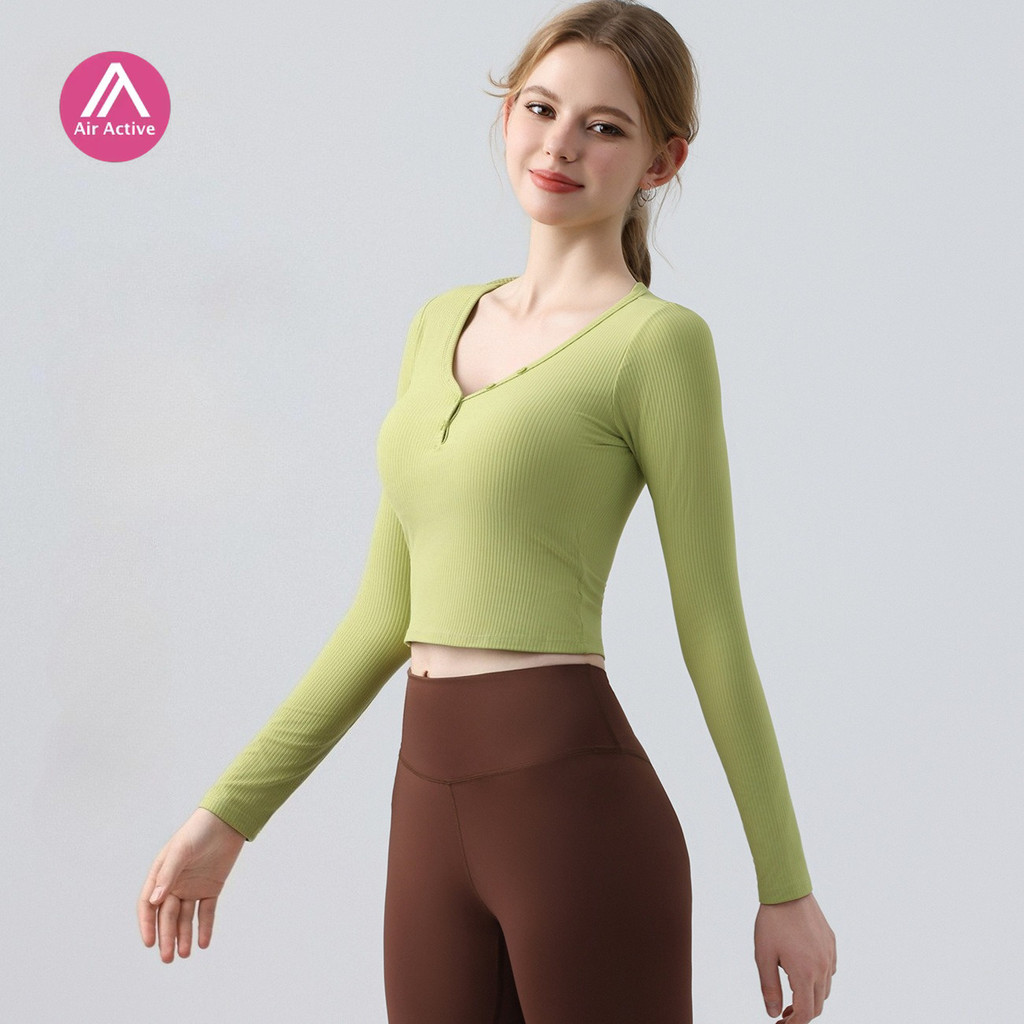 AirActive กีฬาผู้หญิงโยคะฟิตเนสแขนยาว Slim Fit เสื้อยืดพิลาทิสการฝึกอบรมออกกําลังกาย Cover Up เสื้อสําหรับ Gym Athle Cushiontic กิจกรรมเบาะ