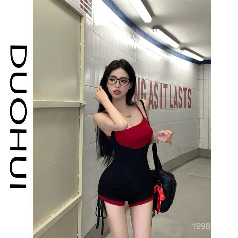 Pure Desire สไตล์สาวร้อนสีตัดกันปลอมสองชิ้นสลิง Jumpsuit ฤดูร้อน Laced-Up Slim-Fit Jumpsuit กางเกงขาสั้นผู้หญิงกางเกงลําลอง