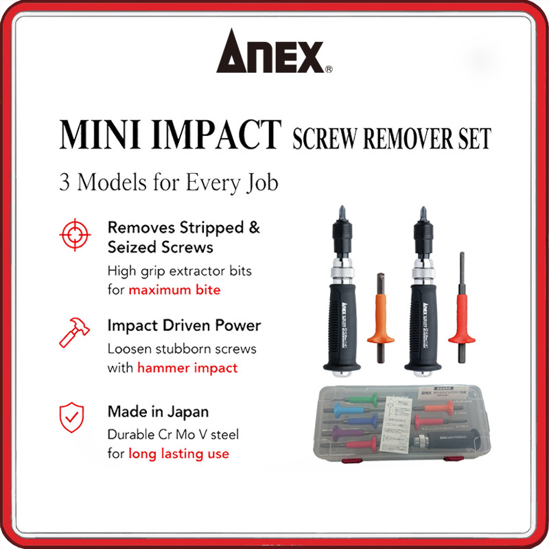 ANEX Mini Impact Screwdriver Screw Remover Set 1903 Series | Stripped Screw Extractor Tool M2-M6 | 1