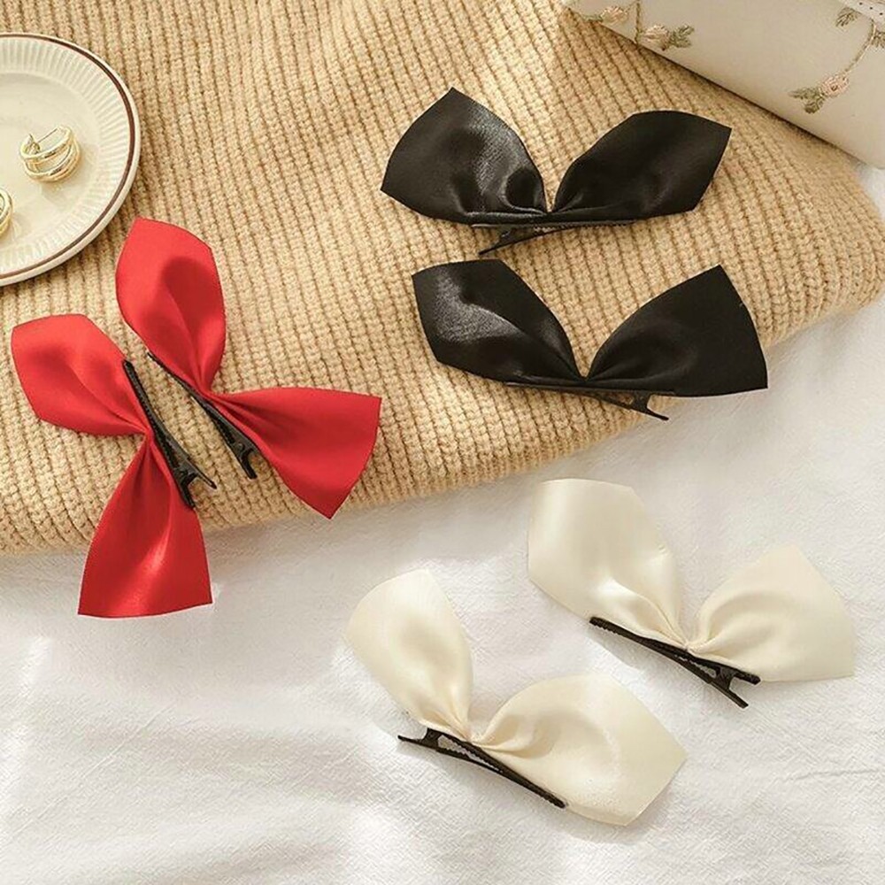 กิ๊บโบว์ติดผม 2ชิ้น สีดำ ขาว แดง สไตล์เกาหลี โบว์ข้าง กิ๊บปากเป็ด ติดหน้าม้า เก็บผมข้าง ผู้หญิง วัยรุ่น