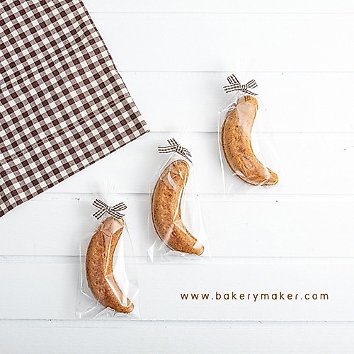 🍌ถุงพลาสติกแก้ว พร้อมลวดมัดถุง แพ็ค 30 ใบ / ใส่เค้ก กล้วยหอม ริบบิ้นลายสก็อตสีน้ำตาล