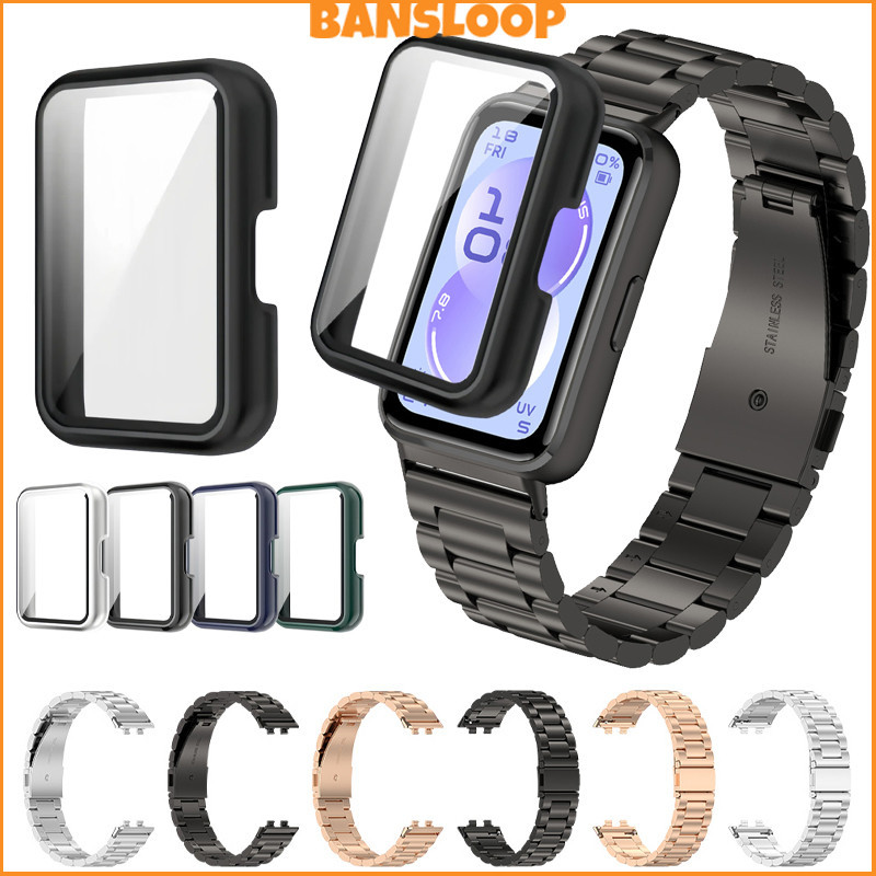 กรณีฟิล์มแก้วนิรภัย PC สายรัดสแตนเลส for Huawei Band 11 11 Pro /10 9 8 สายรัดนาฬิกาโลหะสายรัดปกป้องหน้าจอระบายอากาศ