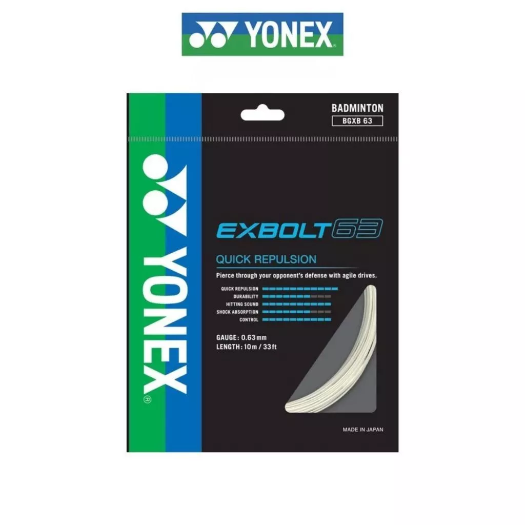 YONEX EXBOLT 63 เอ็นแบดมินตัน เส้นใยถักขนาด 0.63 มม. ผลิตประเทศญี่ปุ่น มีความทนทานสูง เพิ่มแรงดีด และเสียงไพเราะ