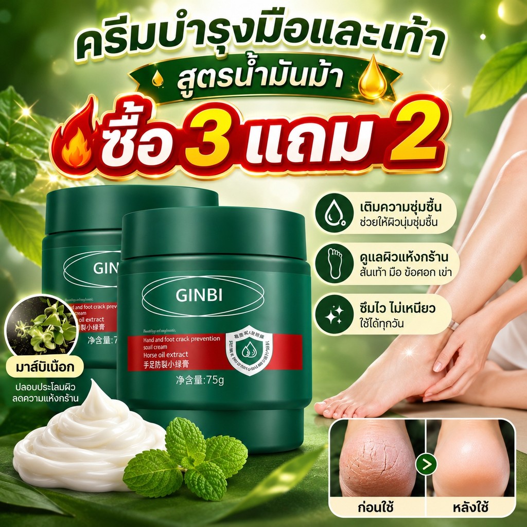 ซื้อ 3 แถม2🔥ครีมบำรุงมือและเท้าสูตรน้ำมันม้า สำหรับส้นเท้า มือ ข้อศอก และเข่า เติมความชุ่มชื้น ผิวนุ่ม ไม่เหนียวเหนอะหนะ