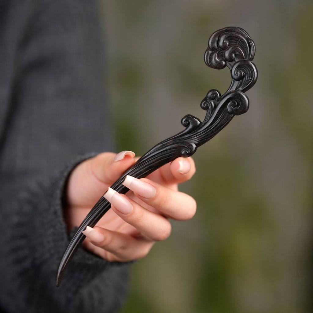WHX-สองด้านแกะสลัก Wave ไม้จันทน์สีม่วง Hairpin โบราณ Hairpin DIY Hairpin