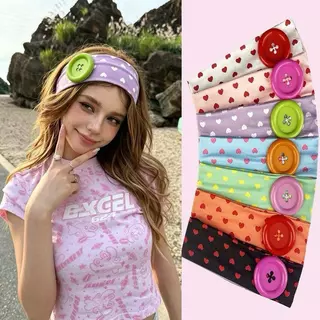 Hotwind-พร้อมส่งในไทย งานผ้าลายหัวใจติดกระดุมน่ารักมาก Lace headband ที่คาดผมลูกไม้ยางยืด สาวY2K