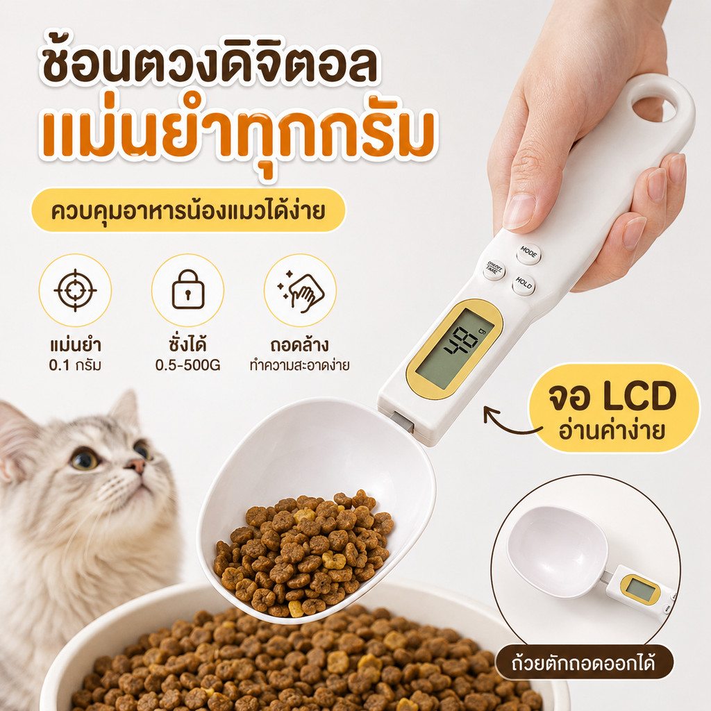 พร้อมส่ง! ช้อนชั่งน้ำหนักดิจิตอล ช้อนตวงดิจิตอล 0.5-500g เครื่องชั่งอาหารแมวสุนัข หน้าจอ LCD ปรับได้ 4 หน่วย ชั่งของแห้ง