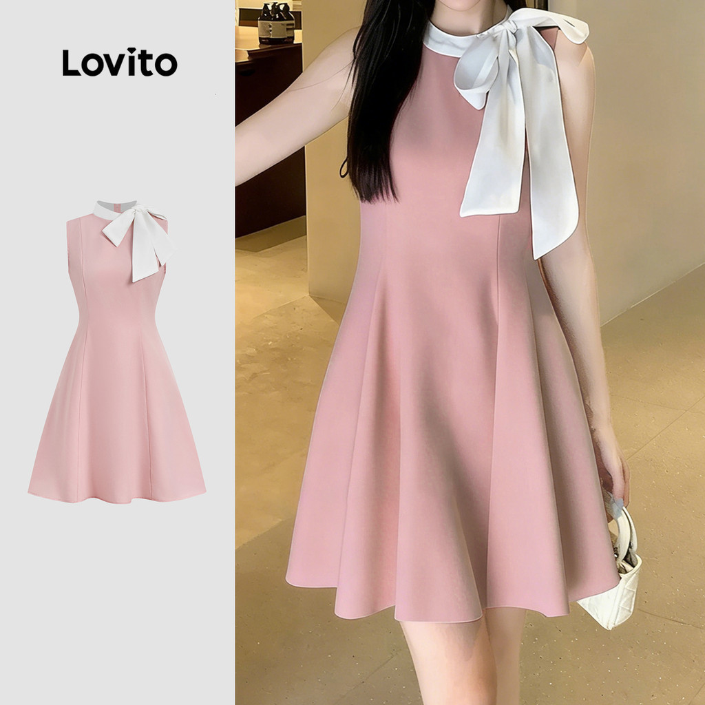 Lovito แคชชวล เดรสผู้หญิงสีชมพูฤดูใบไม้ผลิ/ฤดูร้อน ดีไซน์เนคไทผูกคอ ทรงสวย L172LD1930