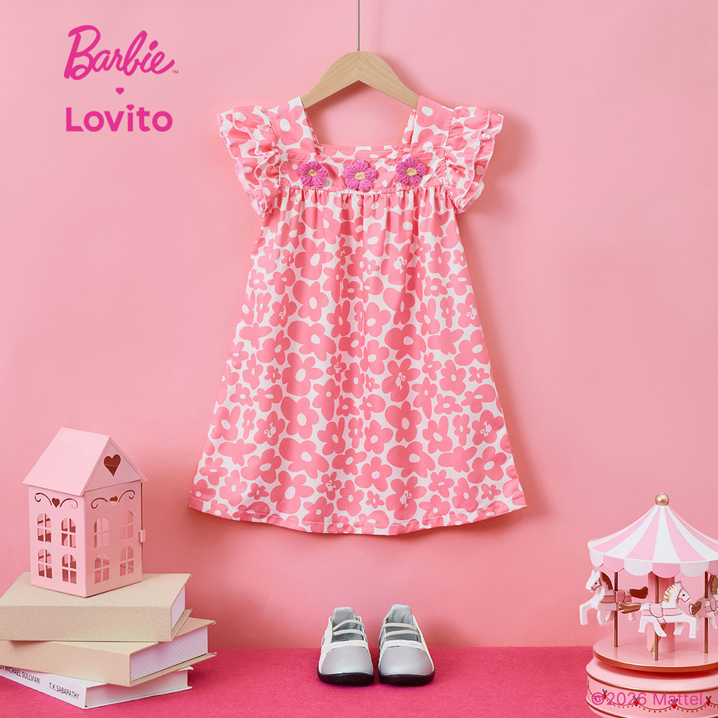 Barbie™ X Lovito Kids ชุดเดรสสีชมพูสุดหวานแบบจับจีบแต่งระบายหลายชั้น Jacquard สําหรับฤดูใบไม้ผลิ/ฤดูร้อนของเด็กผู้หญิง DRBL4PAD028