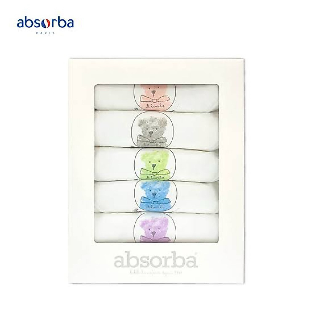Absorba แอ็บซอร์บา ผ้าอ้อมเด็กแรกเกิด ผ้าสาลู ทอ 2 ชั้น ขนาด 27×27 นิ้ว พิมพ์ลายน้องหมีหลากสี (6 ผืน / 1 กล่อง