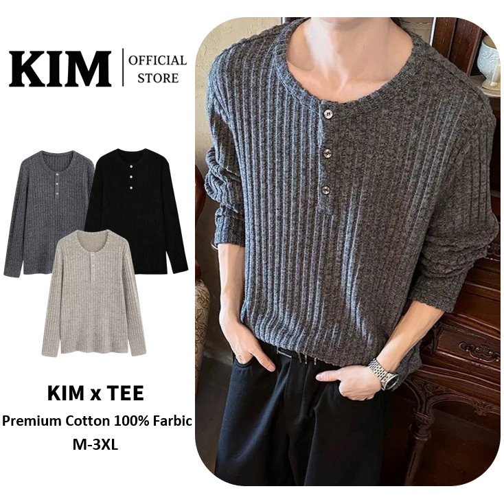 Ribbed Henley Long Tee เสื้อยืดแขนยาวลายร่องคอเฮนลีย์ผู้ชาย ผ้าคอตตอนยืดหยุ่น ทรงกระชับสัดส่วน มี3สี ดำ/เทาเข้ม/เทาอ่อน Size M-3XL