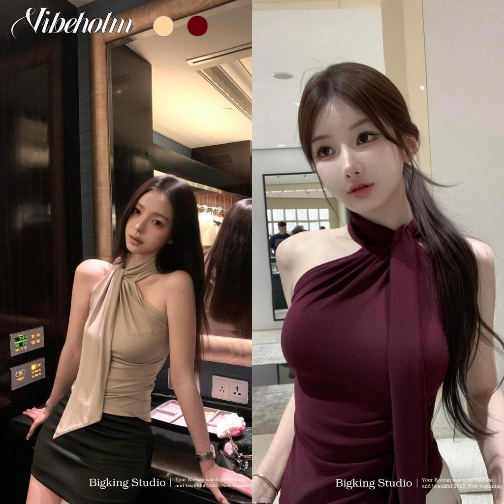 เสื้อคล้องคอริบบิ้นอสมมาตรออกแบบสําหรับผู้หญิงสไตล์เฉพาะฤดูร้อนแฟชั่นเทพธิดาสไตล์ที่ไม่มีสายหนังเสื้อกั๊กเข้ารูปสั้นด้านบนเหมาะกับเทศกาลไล่น้