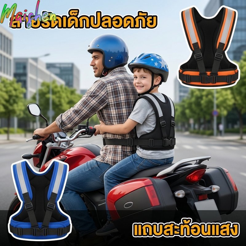 สายรัดนิรภัยเด็กสำหรับขับขี่มอเตอร์ไซค์ ปรับไซส์ได้ มีแถบสะท้อนแสง ระบายอากาศ เหมาะเด็ก1ถึง12ปี