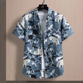 เสื้อดำคอปก เสื้อเชิ้ตแขนสั้นผู้ชาย พิมพ์ลาย 100% Polyester Dimension M-3XL