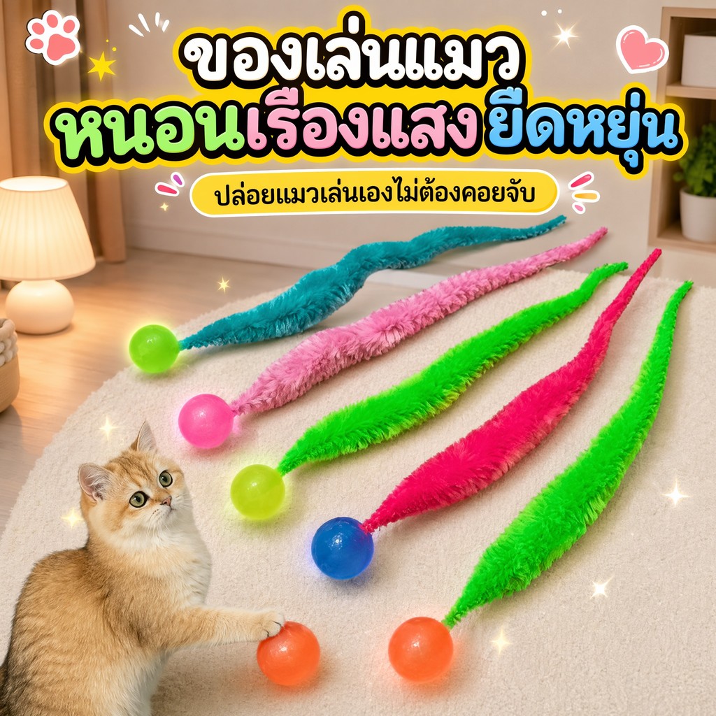 Luminous Caterpillar ของเล่นแมว,หนอนตุ๊กตายาว 24 ซม.พร้อมลูกบอลเรืองแสงยืดหยุ่น 2.4 ซม., Interactive Self Play ลูกแมวไล่ของเล่น