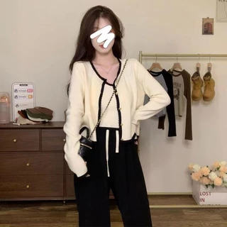 เสื้อถักนิตติ้ง สไตล์ฝรั่งเศส น่ารัก และเซ็กซี่ สำหรับผู้หญิง ฤดูใบไม้ผลิ สไตล์ใหม่ ชุดนม คาร์ดิแกนสายเก๋ สูทสองชิ้น