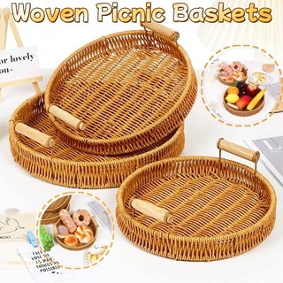 Woven Picnic Baskets Double Ear Wooden Handle Bread Tray Basket Christmas Food Rattan Storage Basket