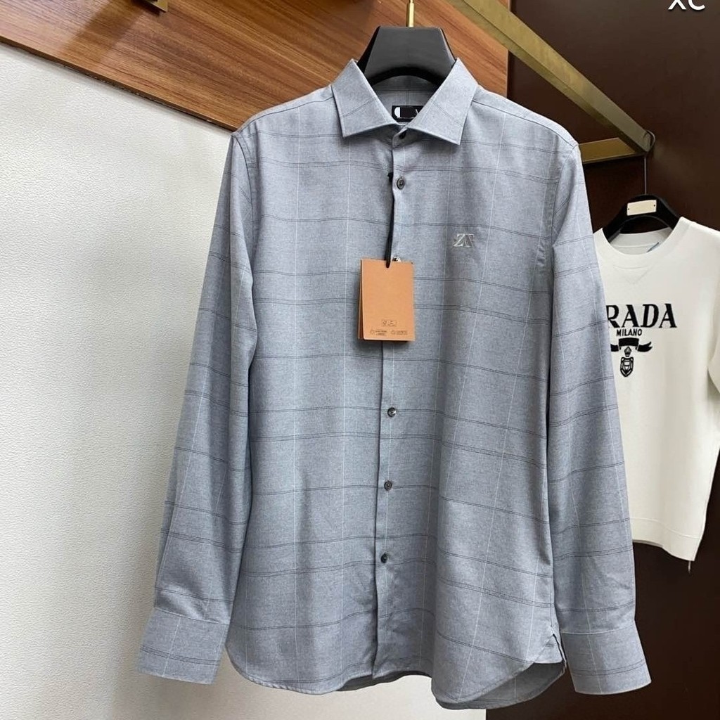 PCDD Zegna Thickened Warm Simple Plaid Spring Autumn Business Checkered Men's Casual Shirt Men's Lon
