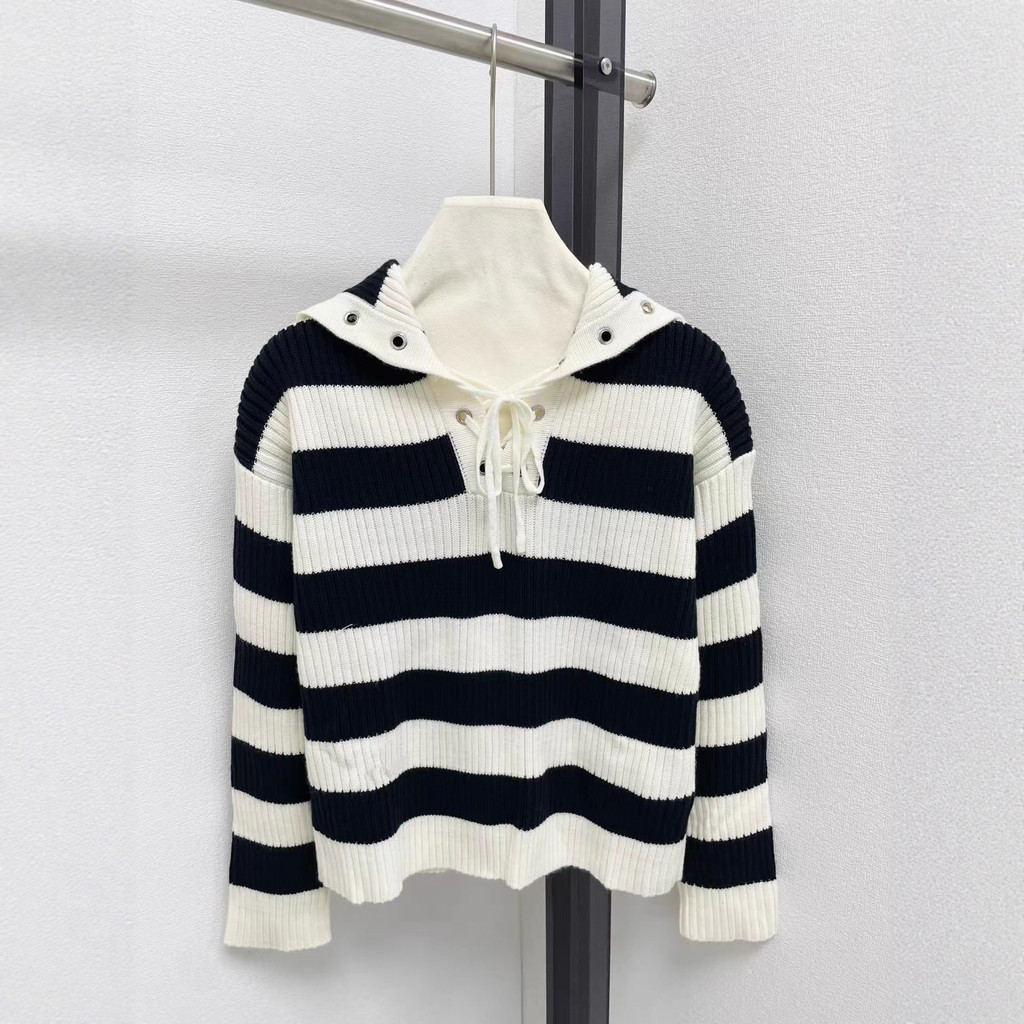 XR8L Di#r   Navy Collar Lace-up Striped Knitwear25New Autumn and Winter Fashion Lazy Style Sweater C