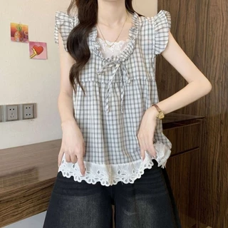 Dahong 💖99172 สไตล์เกาหลีสำหรับสุภาพสตรี เสื้อลายสก็อตแขนสั้น ชุดสองชิ้นแบบลูกไม้ ลายสก็อต เสื้อน่ารักมาก เหมาะกับไปเดท