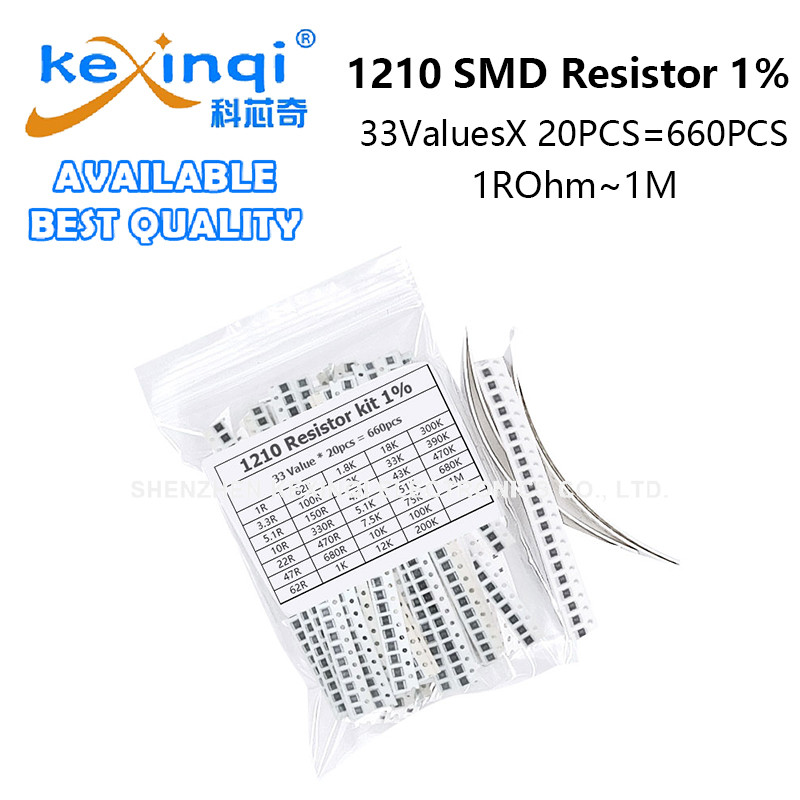 660PCS 1210 SMD Resistor Assorted Kit 33ValuesX20PCS 1ROhm~1M 1% 100 4.7 5.1 22 2 10 47 KR Ohm