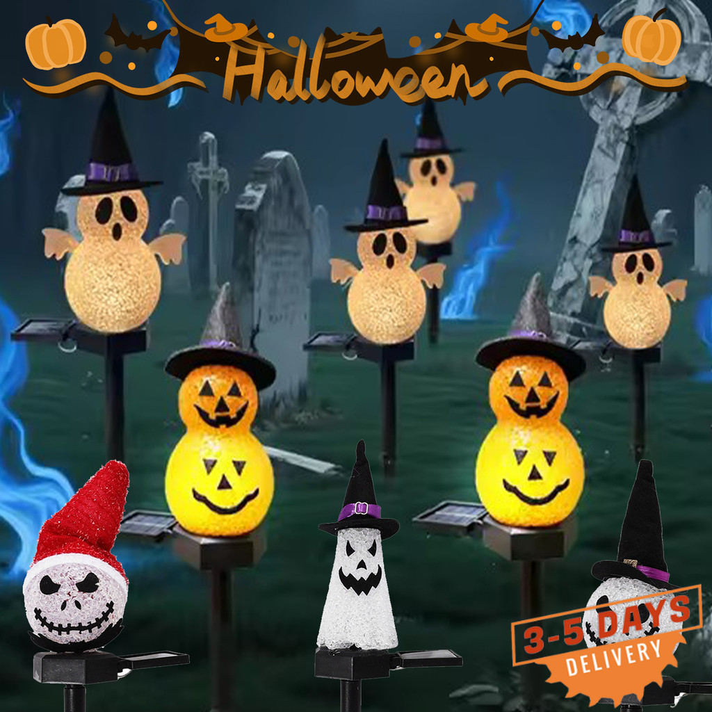 [จัดส่ง 3-5 วัน]ตกแต่งสวนฮาโลวีน | 3D Pumpkin & Ghost Solar Lights กันน้ํา, Dusk-to-Dawn Auto Lighti