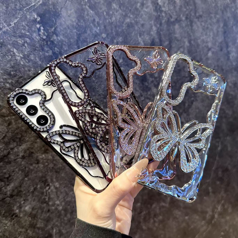 เพชรผีเสื้อ Hollow Electroplating สําหรับ Samsung Galaxy S23 S24 S25 S22 ultra Plus A16 A26 A36 A56 A17 A06 A07 A55 A05S ปลอก Anti fall นุ่มสําหรับ S23ultra กรณี