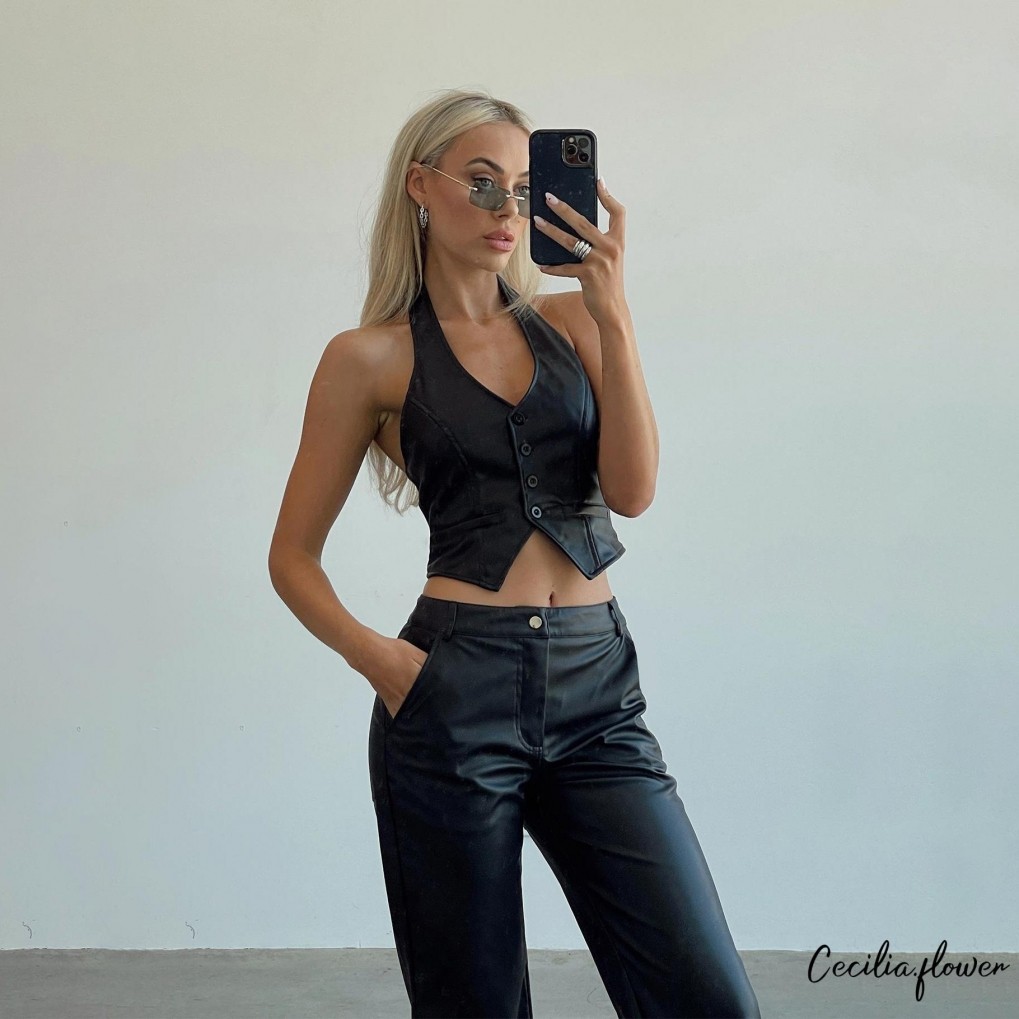 เสื้อกล้ามคล้องคอสําหรับผู้หญิงฤดูร้อนสีทึบเสื้อกั๊กครอปปุ่มรายละเอียด SML XL ขนาดชุดลําลอง