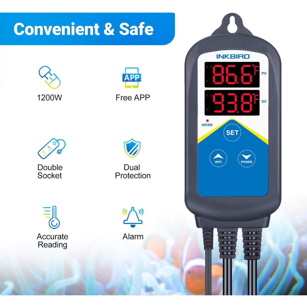 Inkbird ITC-306A เครื่องควบคุมอุณหภูมิ WiFi, Wi-Fi Aquarium Thermostat เครื่องทําความร้อนควบคุม 120V