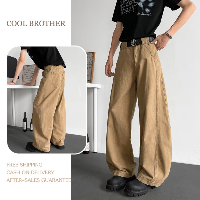 [COOL BROTHER]กางเกงยีนส์ผู้ชายขากว้าง ทรงหลวม สีขี้เหลือง วินเทจ ดีไซน์สบายๆ กางเกงอินเทรนด์