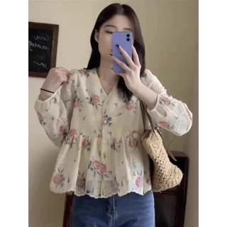 Red Berry เสื้อเชิ้ตแขนยาวลายดอกไม้สไตล์ฝรั่งเศสสำหรับผู้หญิง ทรงแขนพองรุ่นใหม่ฤดูใบไม้ผลิ 99188