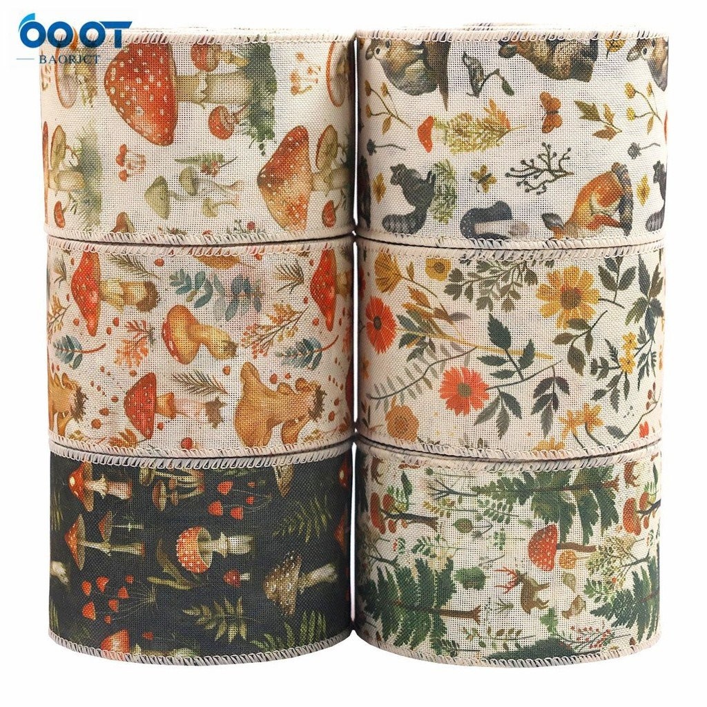 QN5J [1yd = 0.914m] กว้าง 6.3 ซม.องค์ประกอบป่าวันขอบคุณพระเจ้า ริบบิ้นโค้ก กระรอกน้อย เห็ดขนาดเล็ก ล