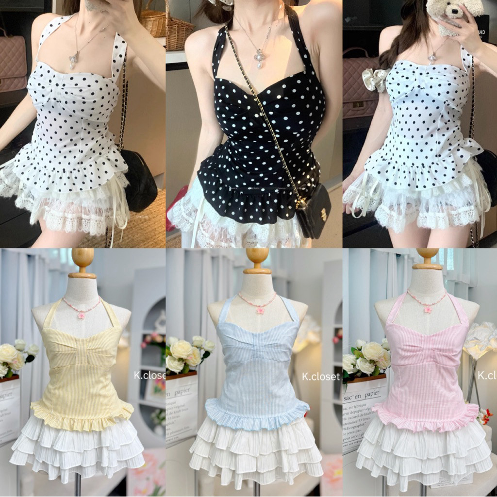 🎀Faye Bow Top🎀เสื้อสายเดี่ยวผูกคอทรงเข้ารูป ลายจุด (polka dot)สาวอวบใส่ได้อกถึง 42