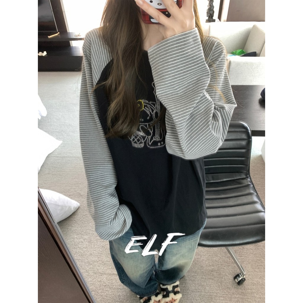 เสื้อยืดลายทางวินเทจ ทรงหลวม ไหล่ตก เหมาะสำหรับผู้หญิง