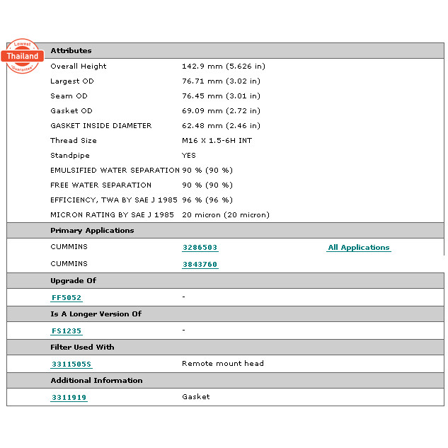 กรองน้ำมันโซล่าดักน้ำ  Fleetguard Wtr Fuel Filt Separator สำหรัเครื่องยนต์ CUMMINS,KOMATSU,JOHN DEER