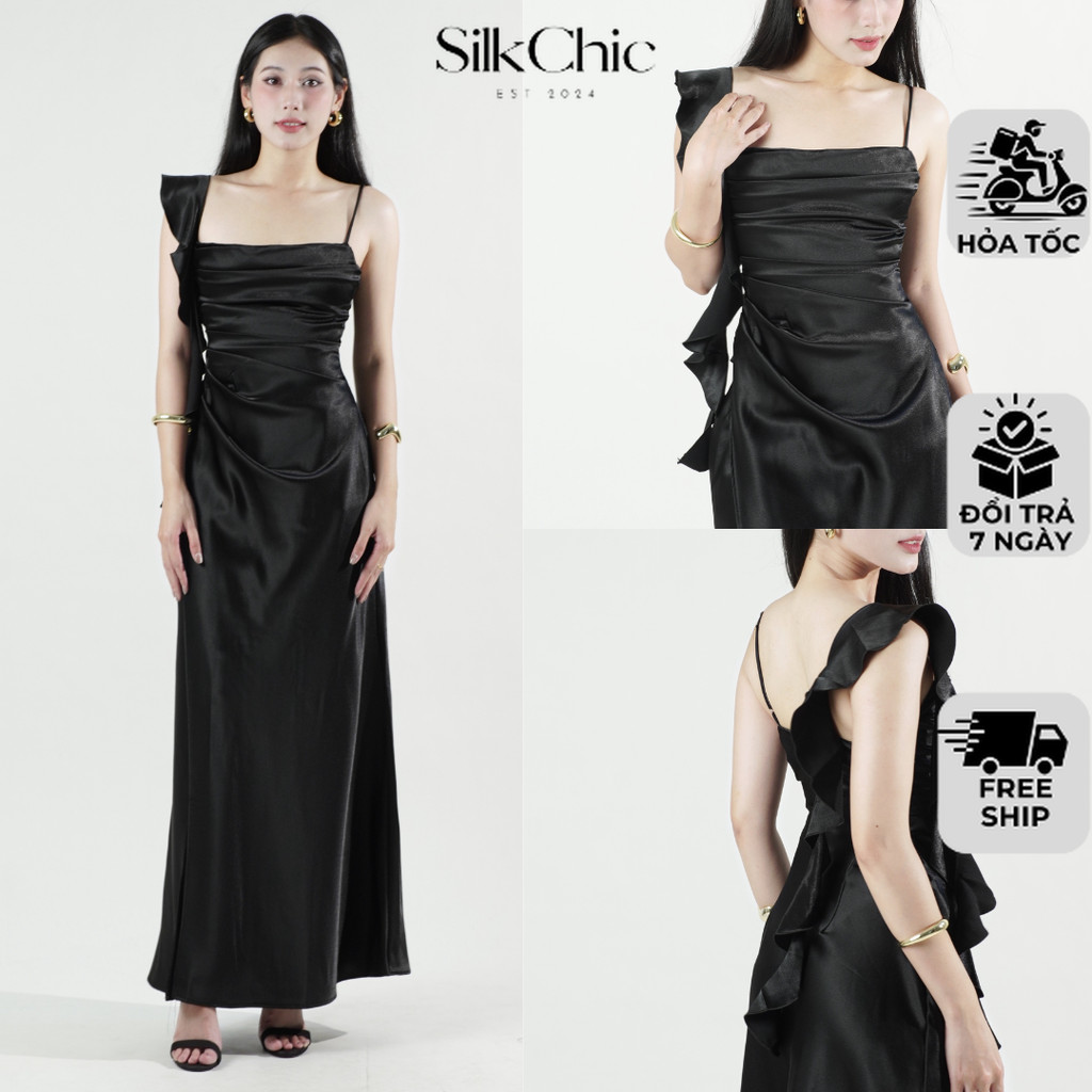 ชุดผ้าไหมยาวพร้อม Ruffles SC764 Lightly Feminine Flared Silk Dress สําหรับงานปาร์ตี้และ Street Wear