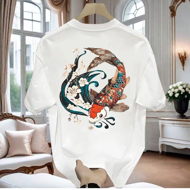 ผ้าฝ้ายแท้แห่งชาติอินเทรนด์ Bottoming เสื้อแขนสั้น Koi พิมพ์สไตล์ใหม่หลวม 2025new23NEW2025 เสื้อยืดผ